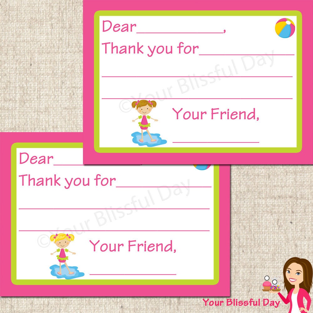 PRINTABLE Girl Pool Party Fill-in-the-Blank Thank You Cards (Your choice of character) Il_170x135
