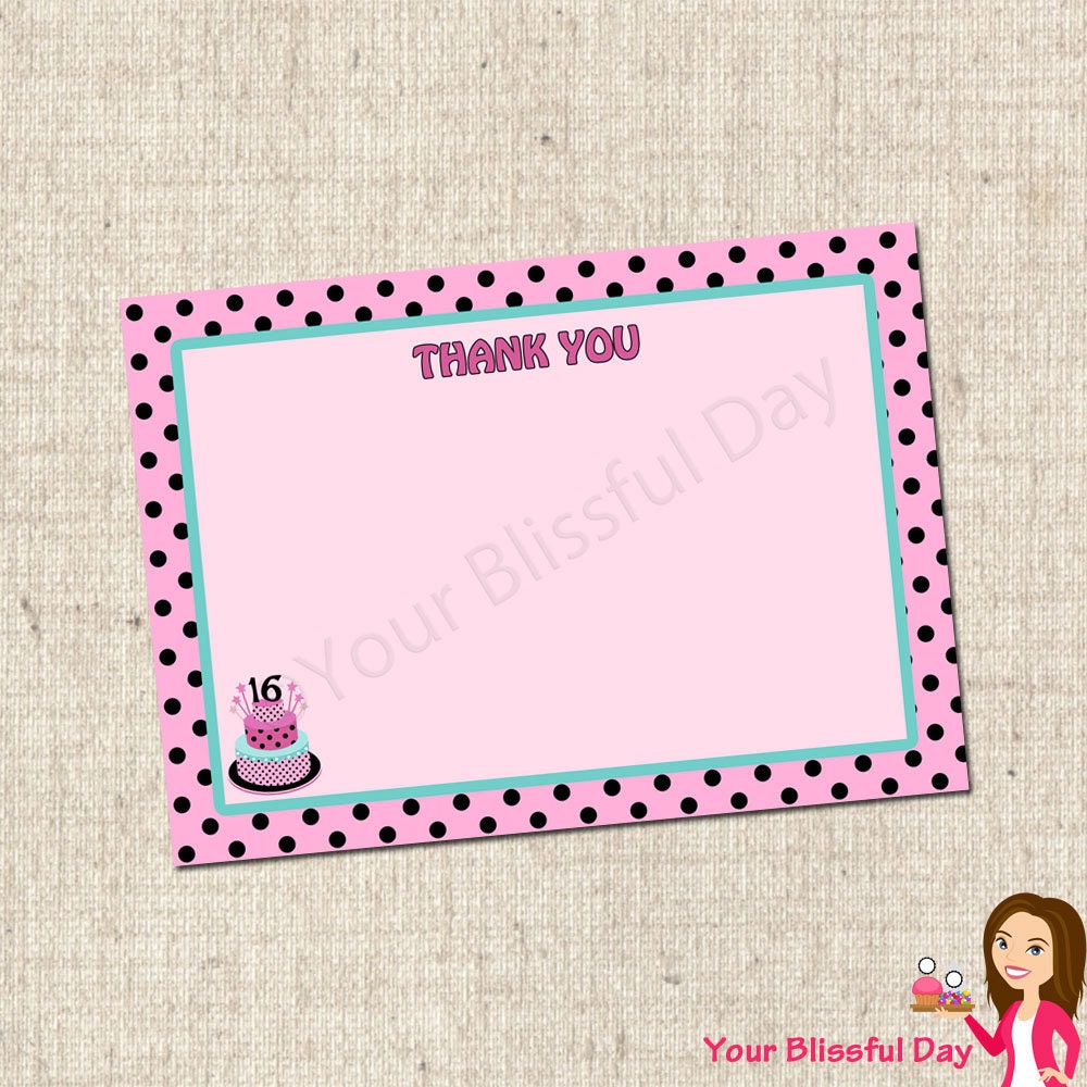 PRINTABLE Sweet 16 Birthday Cake Thank You Cards Il_570xn
