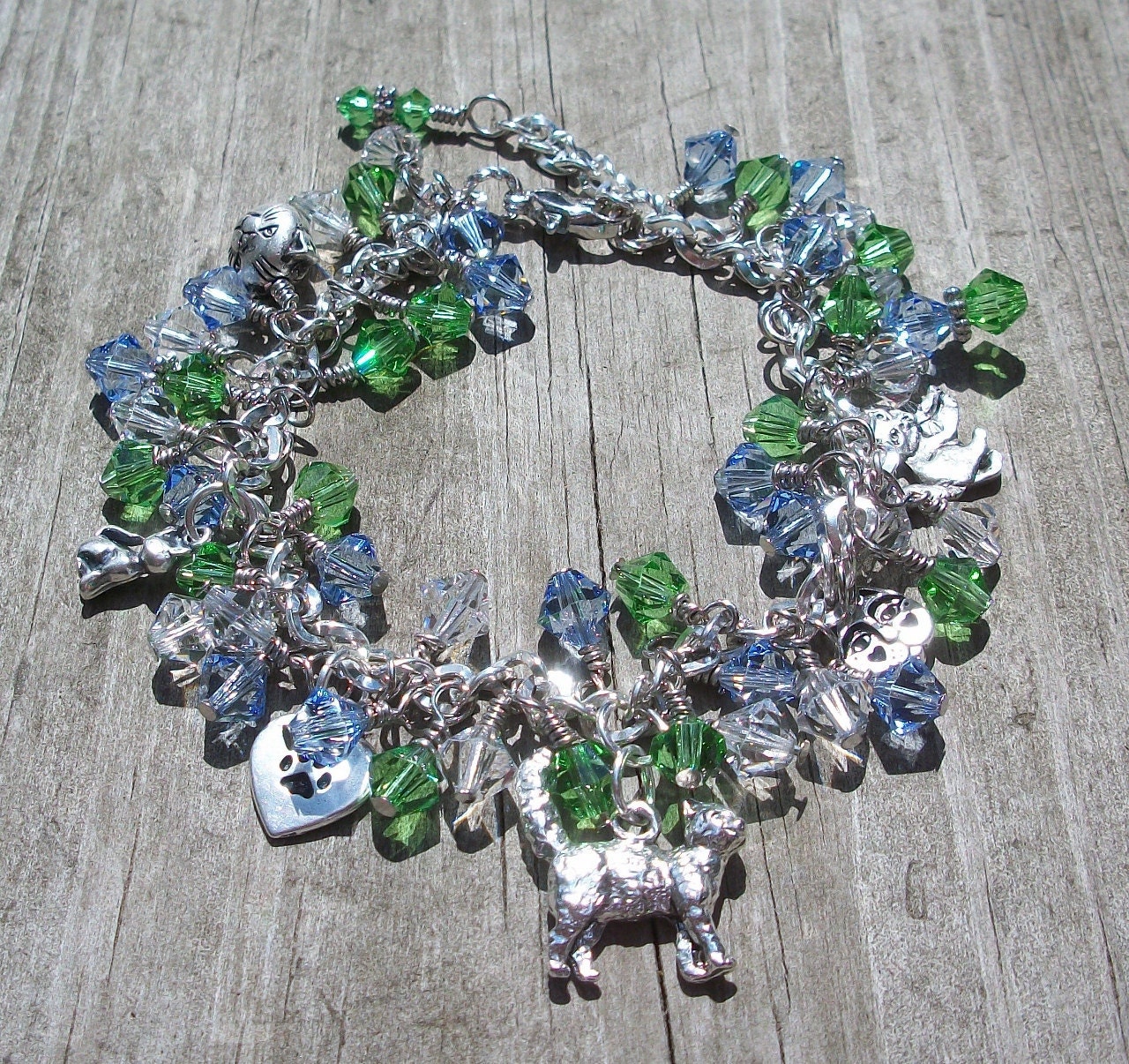 Kitty Charm Bracelet - Swarovski crystals, sterling silver, 7 1/4 inches