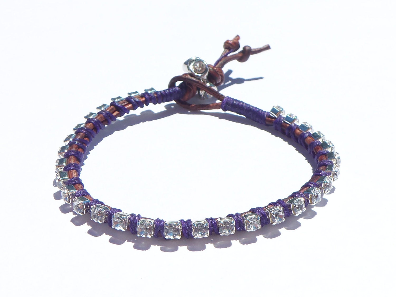Leather Rhinestone Wrap Bracelet - single wrap, stacking bracelet, wrist bling, purple, greek leather