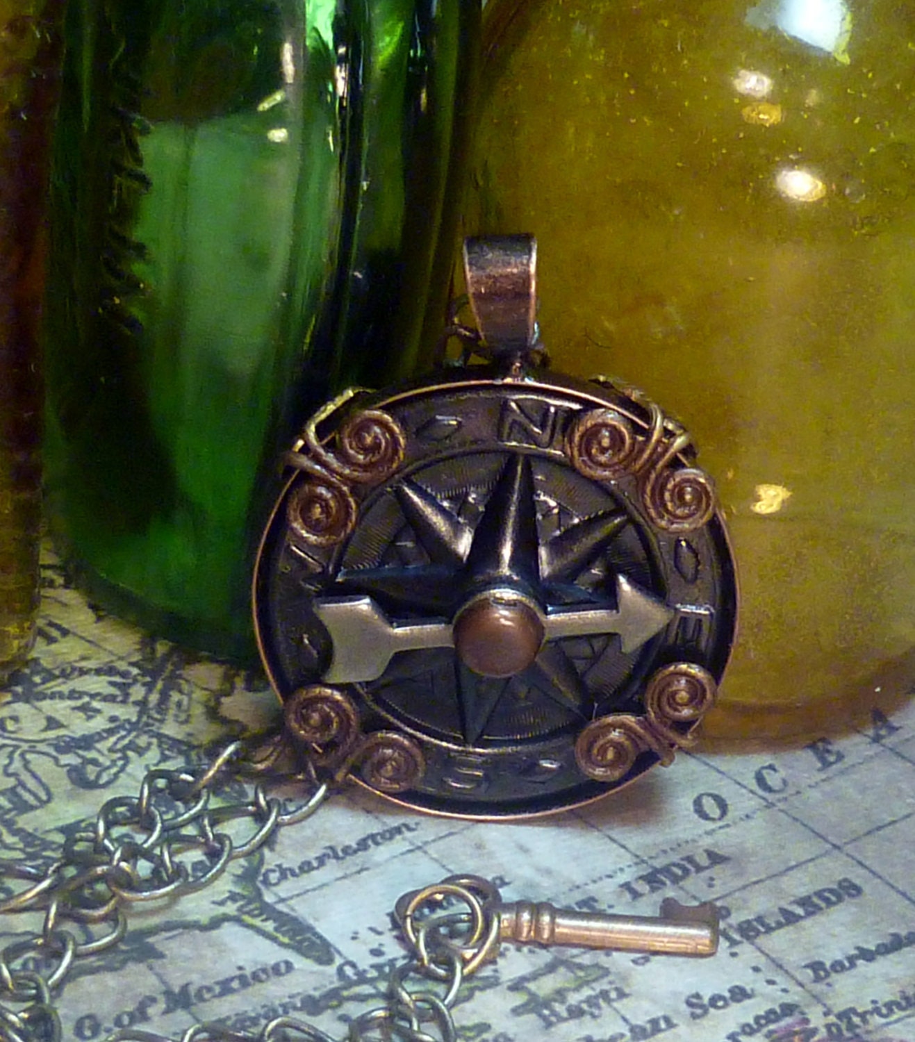 Steampunk Airship Navigator antique compass necklace- N002