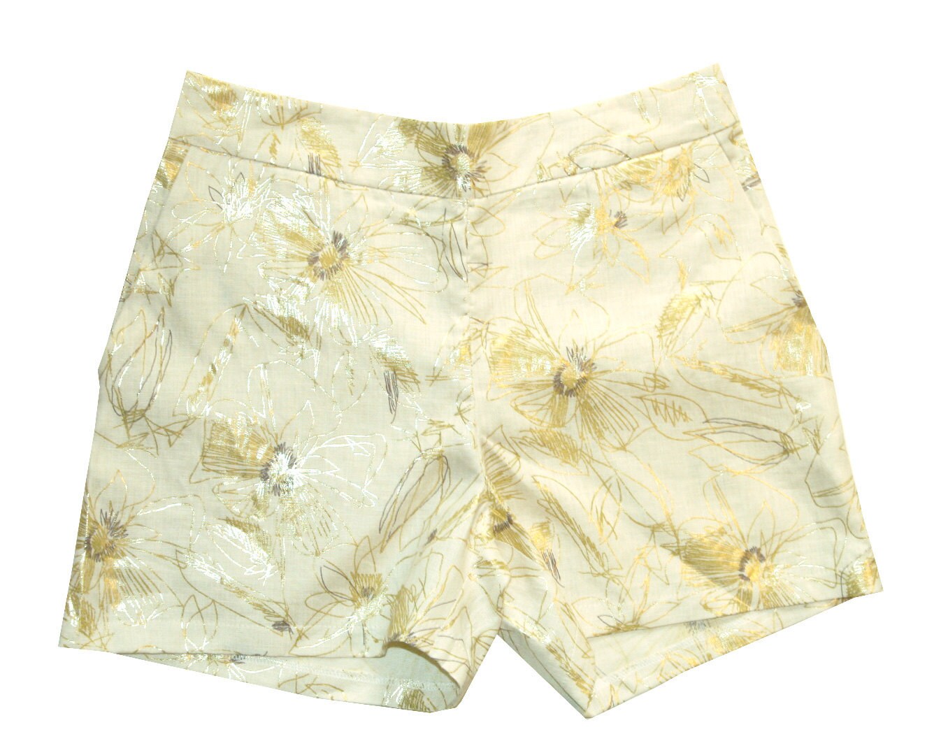 SALE 50% Cream with Gold flowers shorts, High waist Linen pants, women trousers
