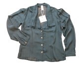 SALE 50% off, Green Ruffle silk blouse, Women blouse, Buttoned top, Sheer top, Size 38