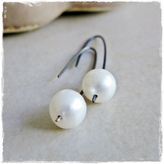 8mm Freshwater Pearl Drop Earrings on Oxidised Sterling Silver