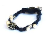 Fabric  bracelet blue whit beads Bangle with recycled  shells for her - one of a kind - OOAK