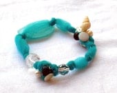Fabric  bracelet tourquoise whit beads Bangle with recycled seaglass and shells for her - one of a kind - OOAK