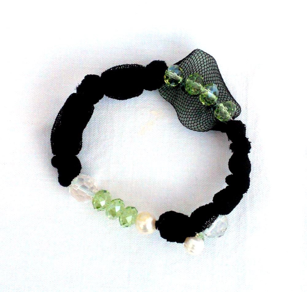 Fabric black bracelet Beaded bangle with recycled seaglass  for her- one of a kind - OOAK