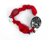 Fabric red bracelet Beaded bangle with recycled shells for her  - one of a kind - OOAK
