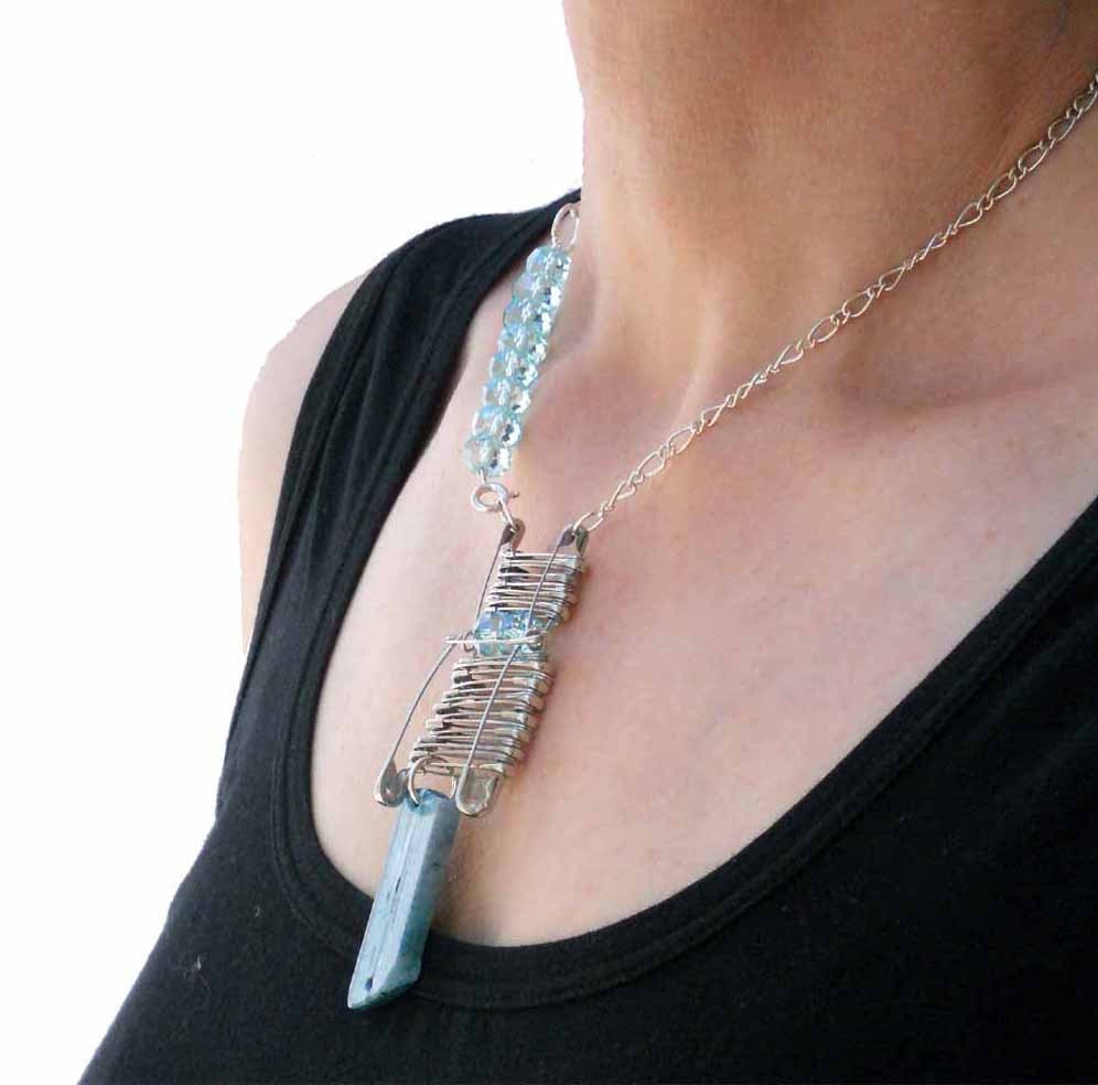 Safety pins  necklace bib silver and light blue with agate and faceted crystal beads  for her- one of a kind - OOAK