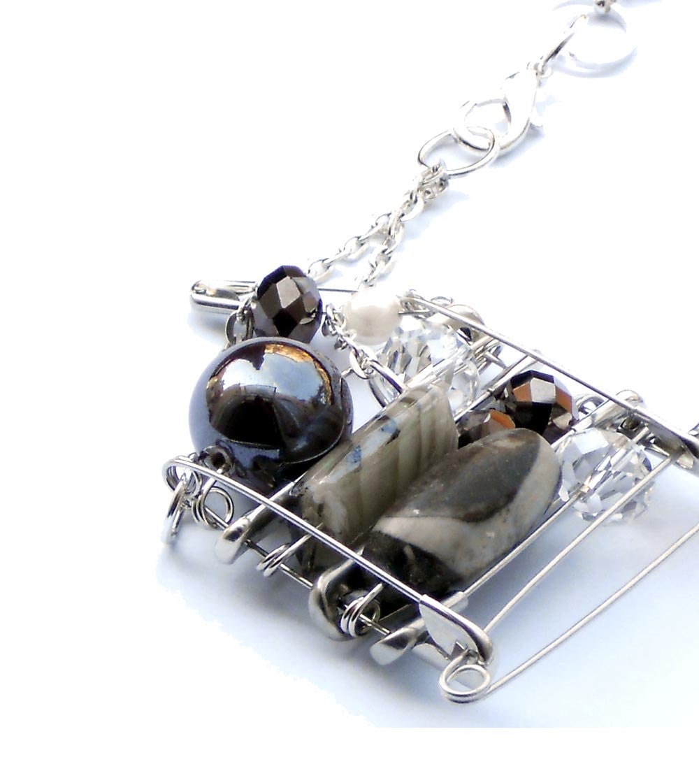 Safety pins necklace bib silver brown and grey with agate and beads for her - one of a kind - OOAK