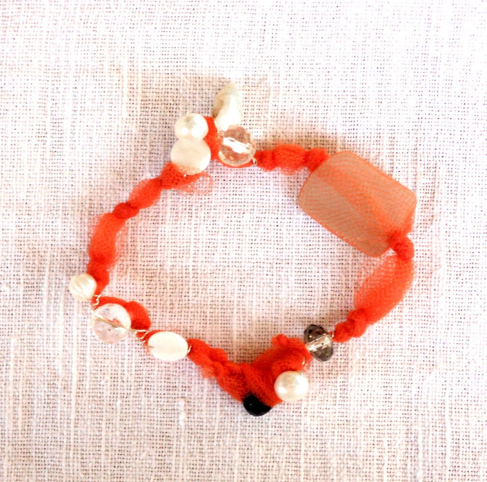Fabric  bracelet orange whit beads Bangle with recycled seaglass and shells for her - one of a kind - OOAK