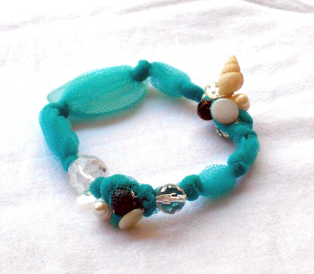 Fabric  bracelet tourquoise whit beads Bangle with recycled seaglass and shells for her - one of a kind - OOAK