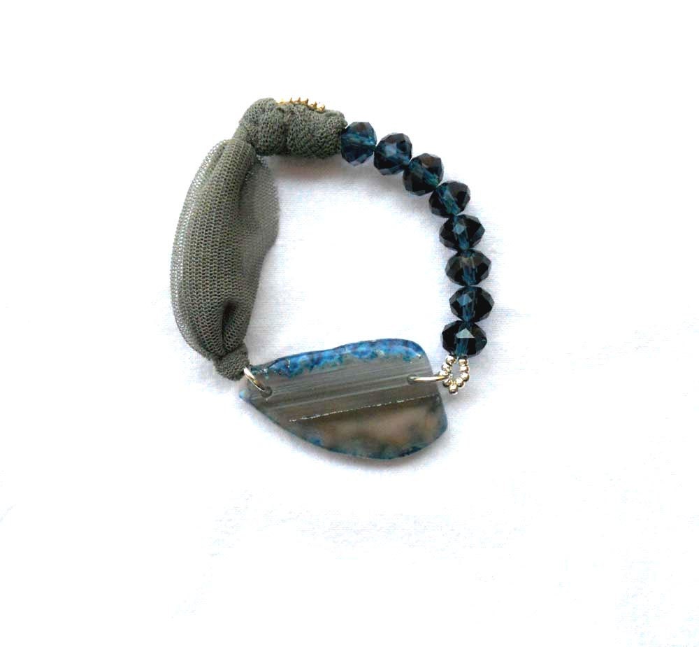 Fabric   bracelet bangle with blue beads and agate  - one of a kind
