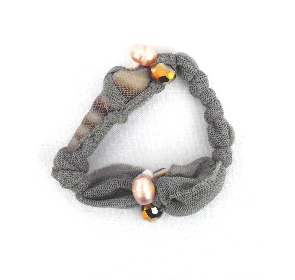 Fabric grey bracelet Beaded bangle with recycled shells and sponge for her - one of a kind - OOAK