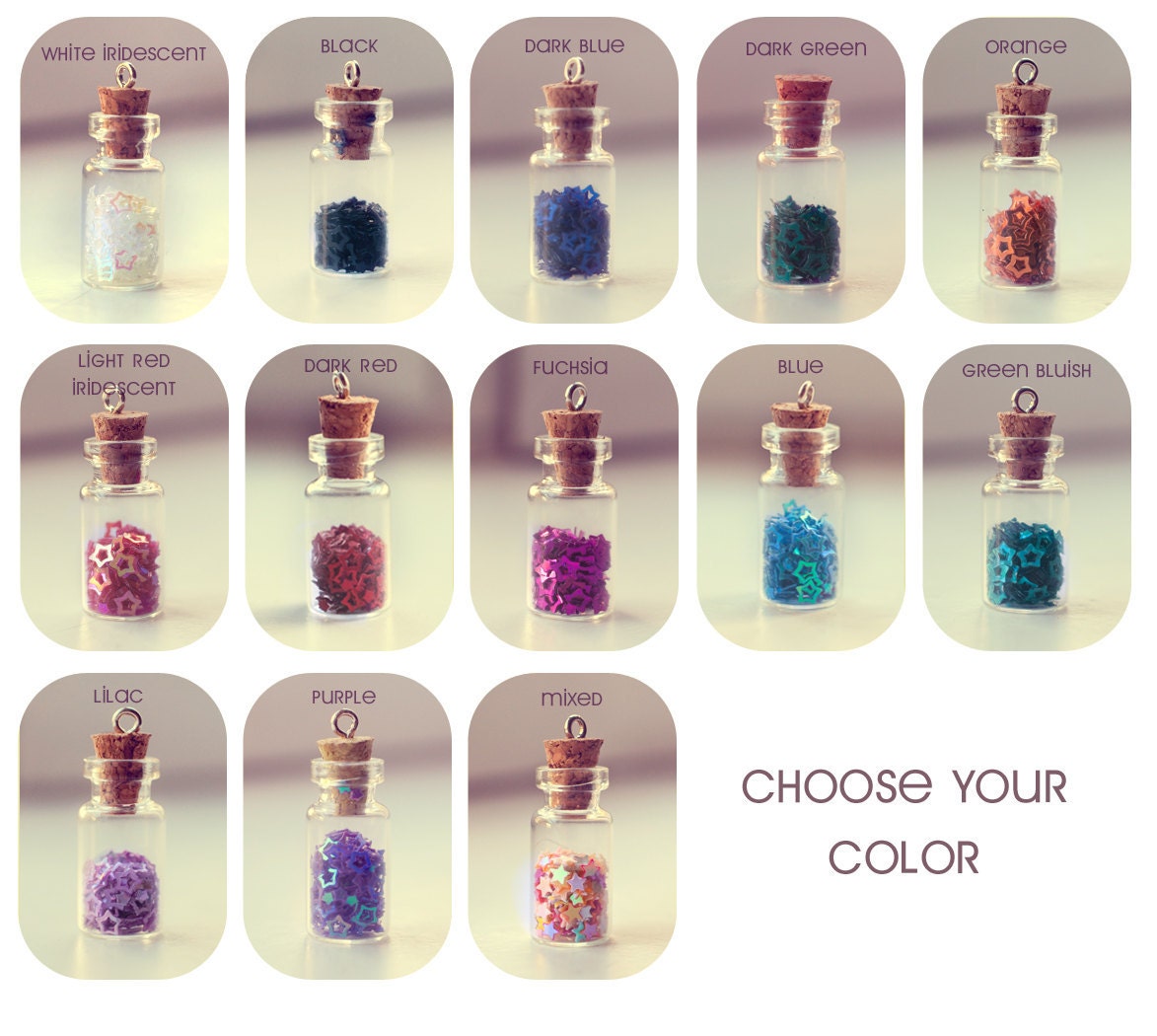Tiny Bottle necklace, with glass flowers cute glitter stars. CUSTOM STARS COLOR. Glass Vial Necklace, Bottle Pendant