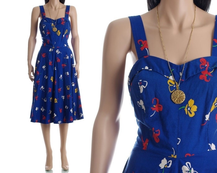 Vintage 60s Sundress - Blue Floral Full Skirt Boho Summer Dress - M