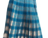 Vintage 1970s Pleated Plaid Skirt, Wool, School Girl Skirt, Turquoise Blue, Cream & Beige, Schoolgirl Costume, Wool, Womens, Small Medium - YesterdaysSilhouette