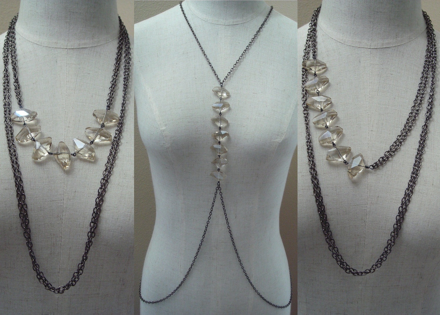 Body Chain Harness, Convertible Combo Necklace, with Cascading Crystals, Original Design by TTEREVE