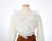 Ruffle-neck and cuff chiffon off-white/cream blouse with long sleeves - size medium