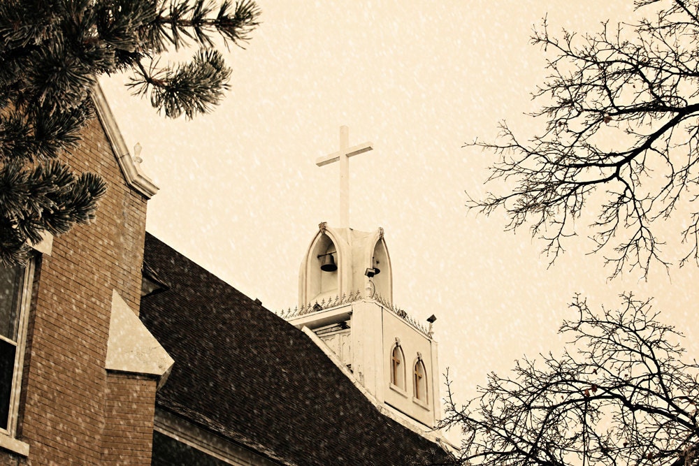 Snowy Christmas Church photo fine art  Metallic photograph 8x12