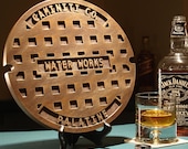 Man Cave Typography Sewer Cover.  A personalized wood carved, Housewarming, Groomsman gag Gift