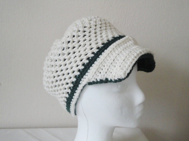 Hand Crochet Hat -  Hunter Green and Ivory Reversible -Ready to ship