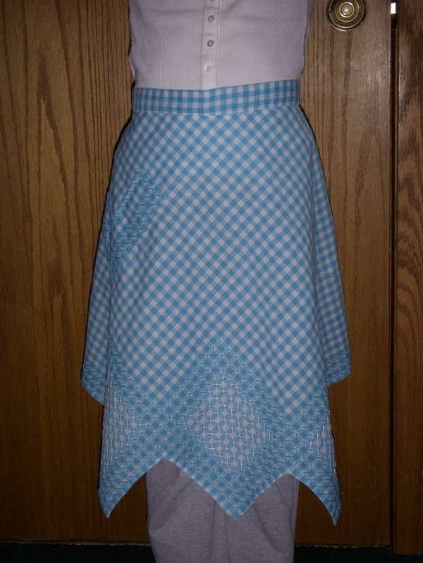 Vintage Blue Gingham half apron retro hand embroidery