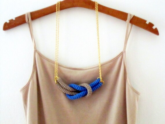 Together, crochet knot necklace. Nautical knot necklace. Blue and sand cotton yarn