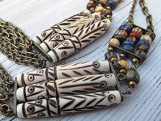 Bohemian Long Strand Necklace/ Antique Brass with Czech Glass Bone Beads: Tribal Boheme