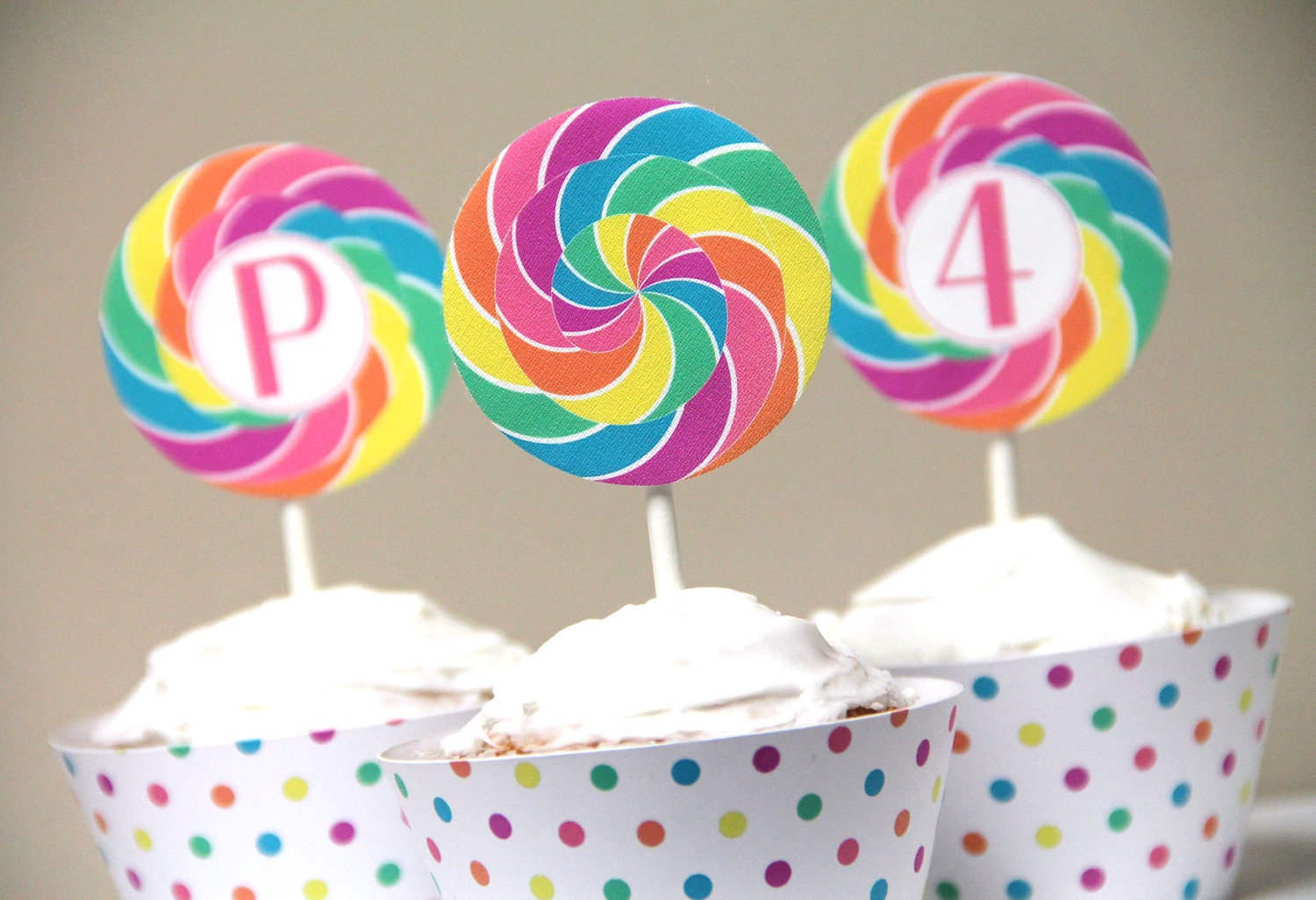 Lollipop Cupcake Toppers & Polka Dot Cupcake Wraps - set of 12 - three styles