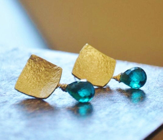 Modern Square Gold Post Earrings with AAA Teal Quartz Gemstones Wire Wrapped with 14K Gold Filled Wire
