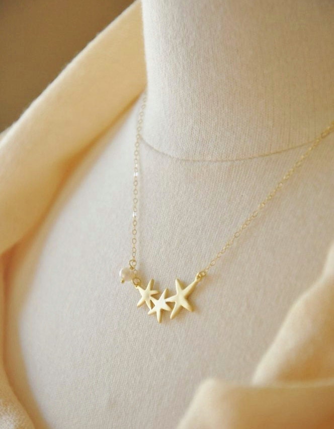 14K Gold Filled Triple Starfish Necklace with White Freshwater Pearl Accent, Beach Inspired, Themed