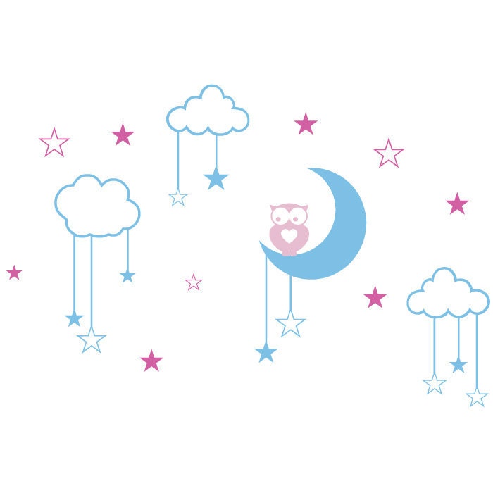 Owl Moon Stars Children Nursery Wall Decal - Vinyl Wall Decal Sticker Removable