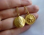 reversible gold lotus flower and flames charm necklace-gold lotus necklace-gold flames symbol necklace-double sided-gold medallion necklace
