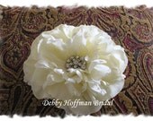 Wedding Bridal Peony Flower Hair Clip Fascinator or Brooch Pin with Rhinestones No. 202P -  Ivory or White Flower, Wedding Hair Accessories