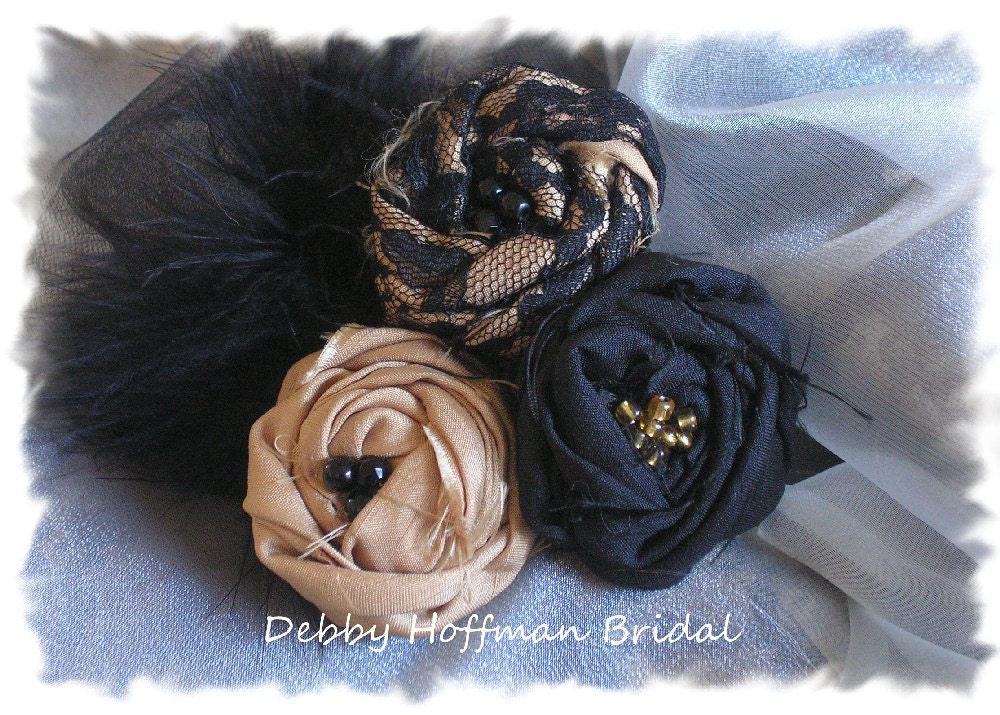 Black and Gold Rolled Rosette Flowers with Lace, Tulle, Feathers and Beads - Headband, Fascinator, Brooch Pin, Head Piece, or Hair Clip