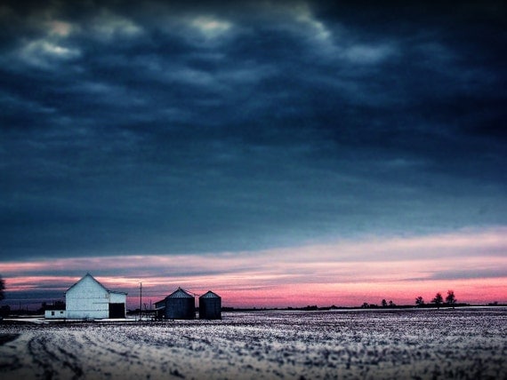 Winter Landscape Photography- midwest rustic snow Cold Ohio 5 x 7 sunset cornfield farm weather pink christmas