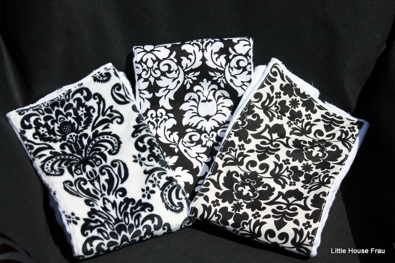 Damask Burp Rags Set of 3 in Black and White