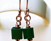 Emerald Agate Earrings. Green Copper Cubes. Dangly Earrings in Kelly Green.