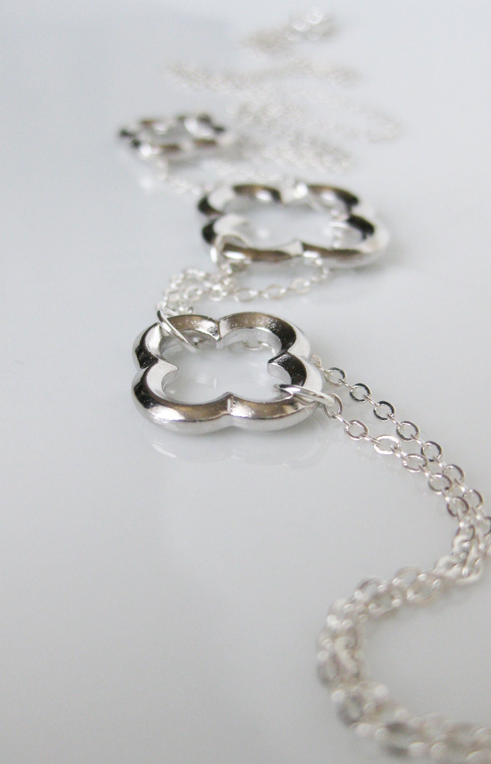Alhambra Necklace. Quatrefoil Clover Silver Necklace. Asymmetric Jewelry. Trendy long chain. Van Cleef inspired celebrity Jewelry.