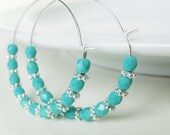 Turquoise Nugget Earrings. Turquoise Silver Earrings. Blue Hoop Earrings. Tribal Silver and Native inspired Czech Glass.
