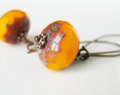Zesty Orange Earrings. Rolling Stone Earrings. Czech Glass, Antiqued Brass with Antiqued Copper.