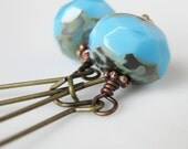 Turquoise Granite Earrings. Rolling Stone Earrings. Czech Glass, Antiqued Brass with Antiqued Copper.