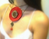 50% off - Choker - Crochet Choker Necklace, Red, Brass Chain, Vintage Button, Red Opal, Lobster Clasp