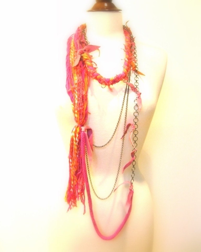 50% off - Pink  Fiber Statement Necklace, Belt, Body Jewelry, Cotton Yarn, Chains, Pink, Orange Suede Accent, OOAK