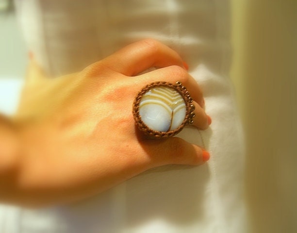 50% off - Crochet Adjustable Ring, Caramel Agate, Handmade, Brown Cotton Yarn, Copper Glass Beads