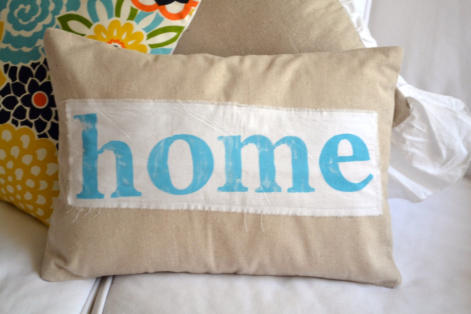 HOME TURQUOISE -- farmhouse chic muslin pillow cover with hand stamped home banner 12 x 16