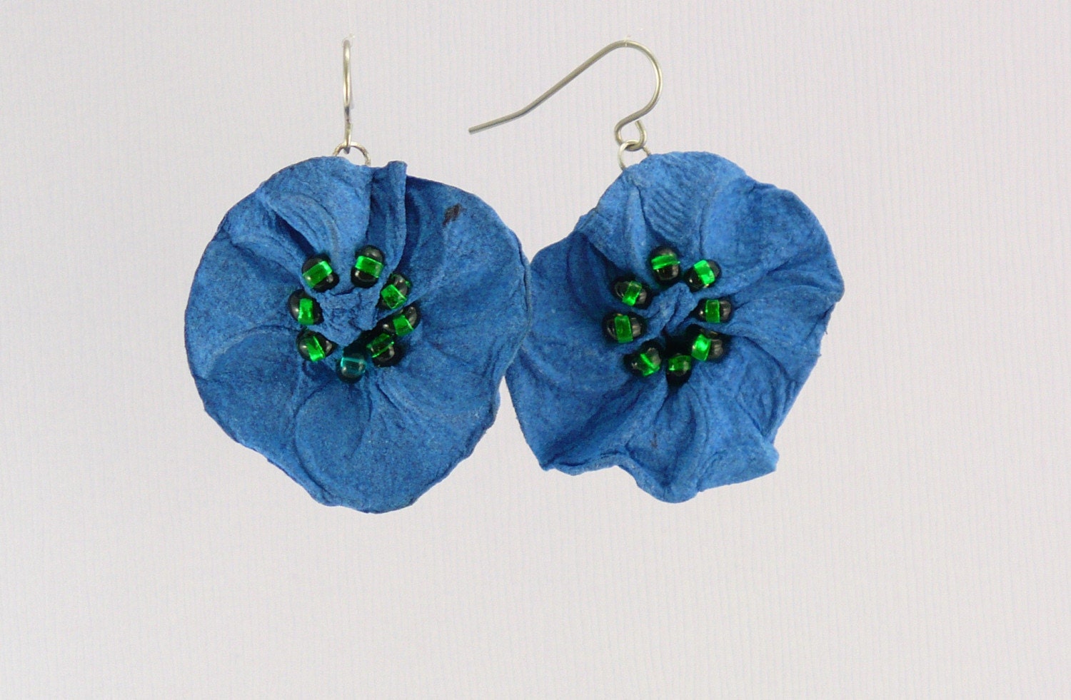 Beaded Blue Flower Earrings of Handmade Flax Paper