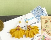 Mustard and Magenta Ribbed and Beaded Abaca Earrings