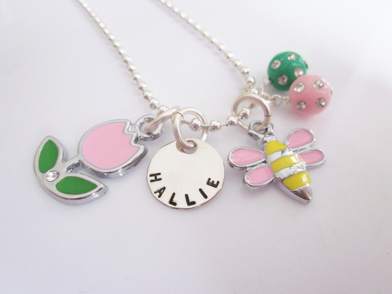 Personalized Spring Flower, pink and yellow Bee, Dragonfly Charm Necklace, Only Boutique QUALITY  charms used